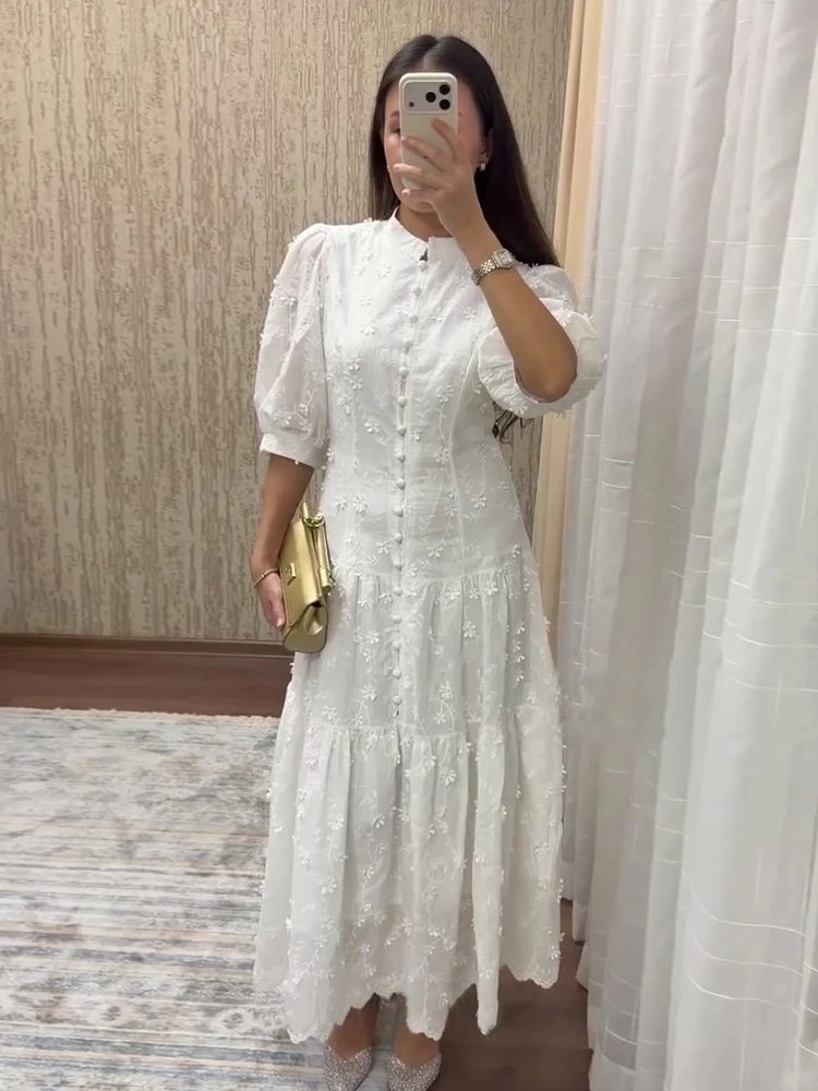 Elegant Floral Puff Sleeve Midi Dress
