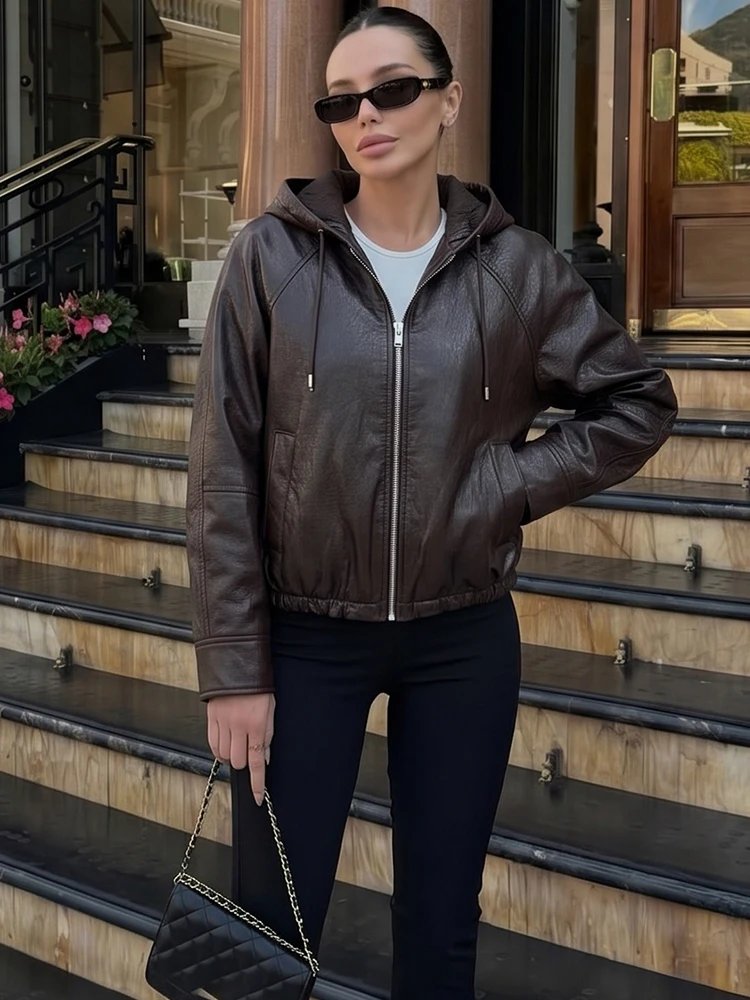 Vintage Faux Leather Hooded Jacket