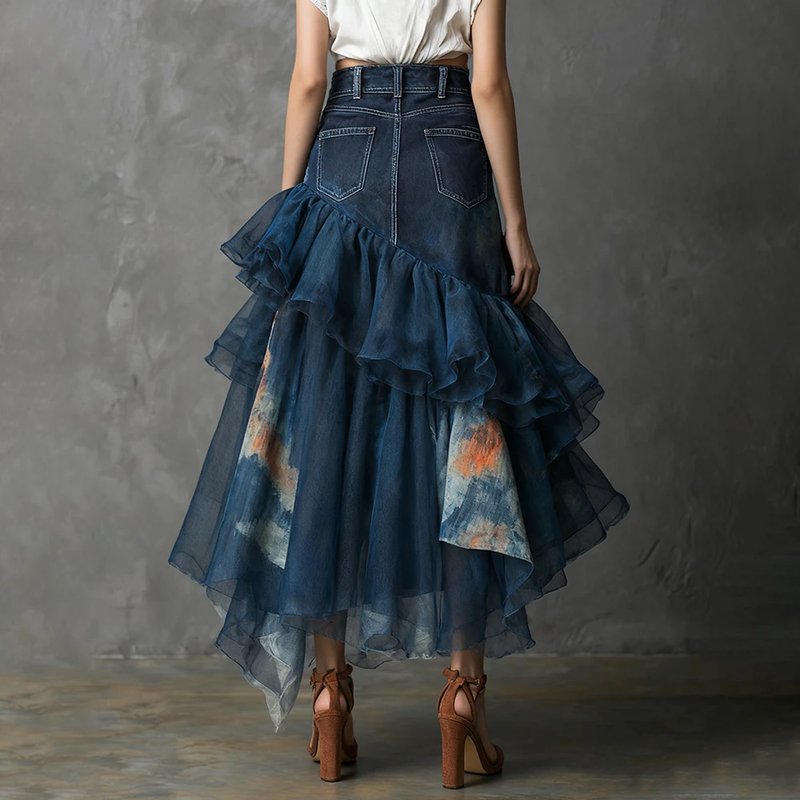High-Low Ruffle Denim Skirt