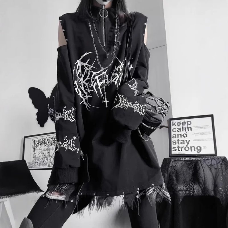 Punk Off-Shoulder Zipper Sweatshirt