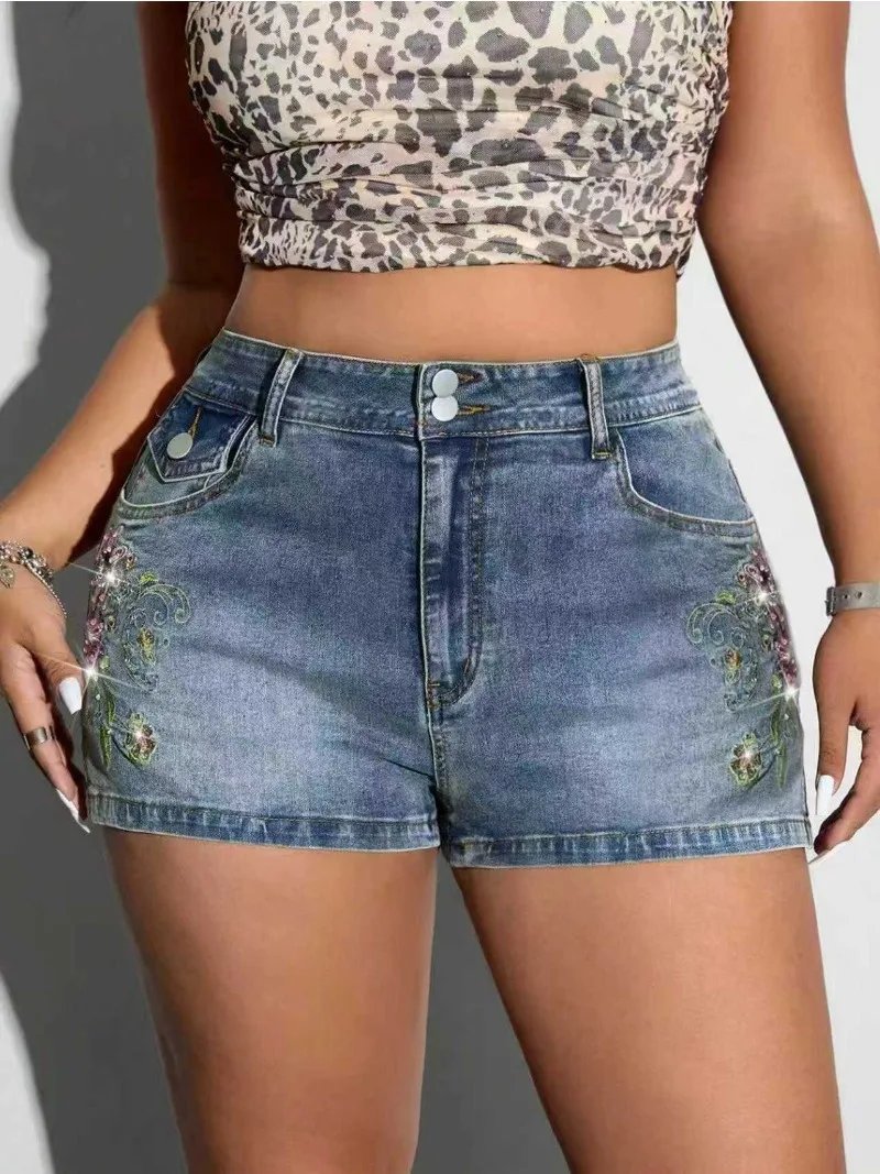 Plus Size Embroidered Denim Shorts