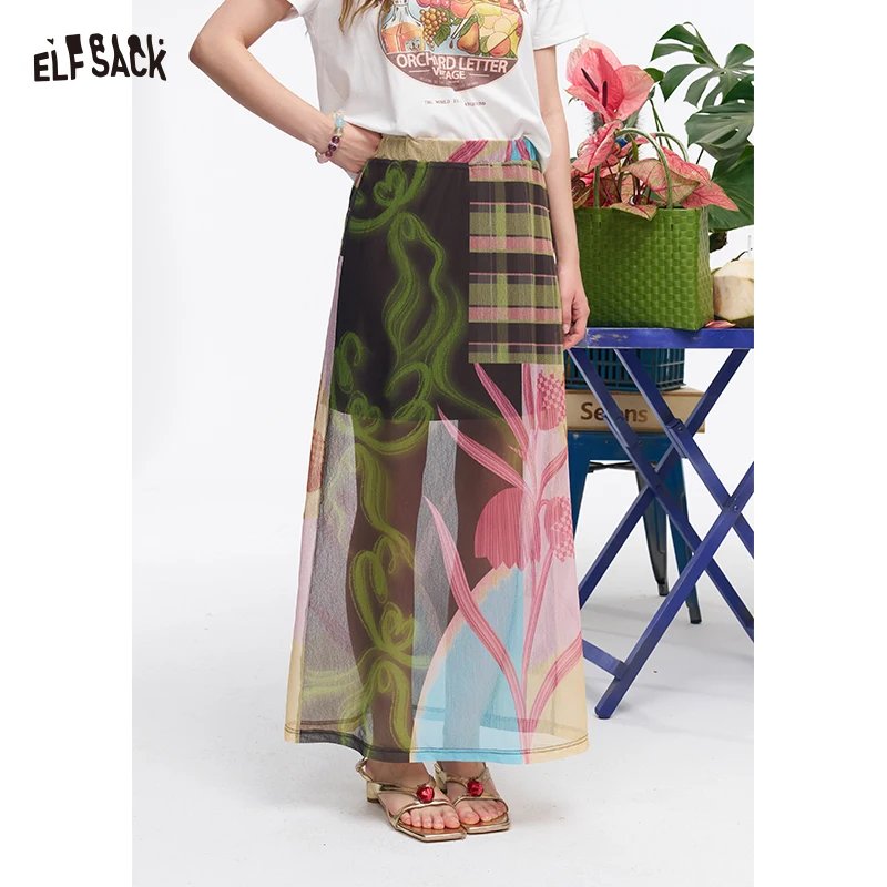 ELFSACK Women's Patchwork Midi Skirt