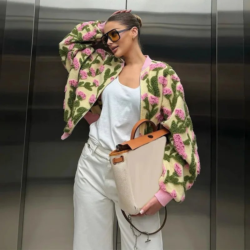 Floral Embroidered Sherpa Bomber Jacket