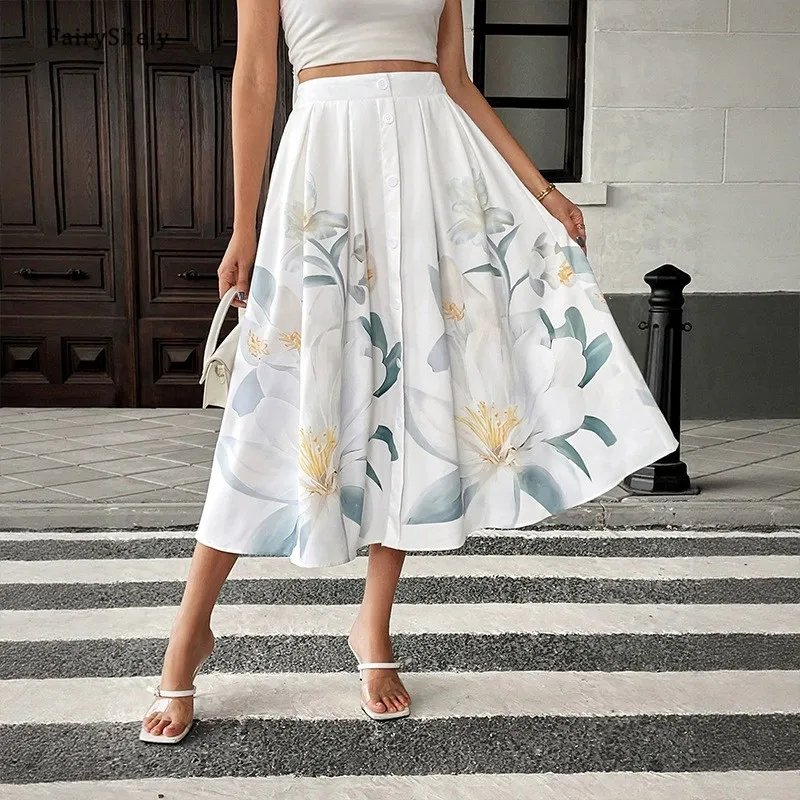Floral Print High Waist Midi Skirt