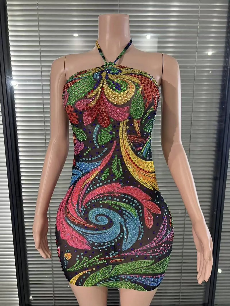 Colorful Rhinestone Mini Party Dress