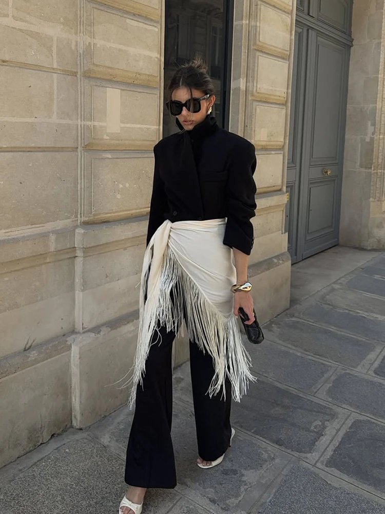 Chic Beige Fringe Wrap Skirt