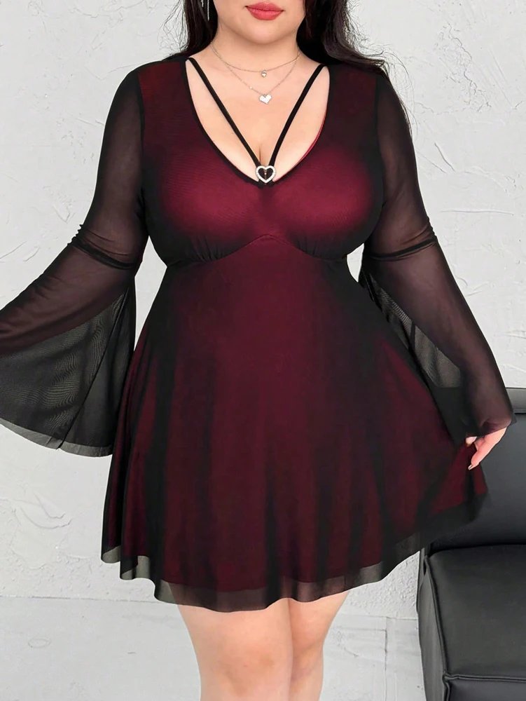 Burgundy Plus Size Mesh Mini Dress