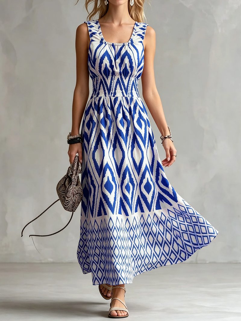 Vintage Ikat Pattern Midi Dress
