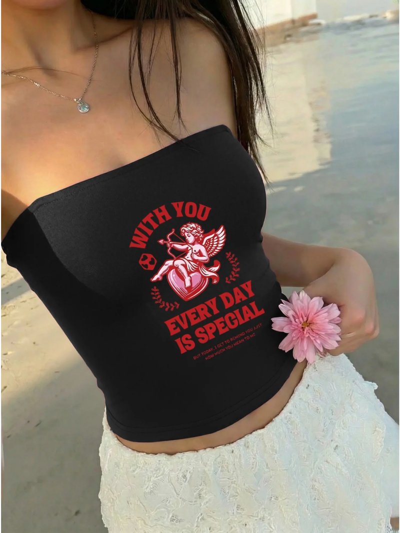 Vintage Cupid Print Strapless Crop Top