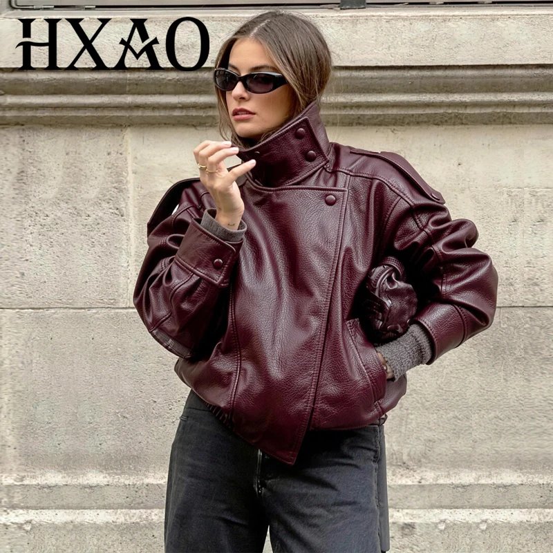 Stylish Faux Leather Cropped Bomber Jacket