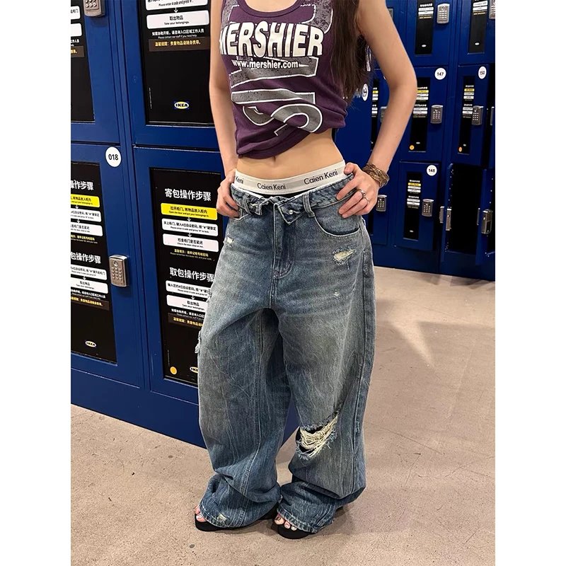 Retro Ripped Blue Baggy Jeans