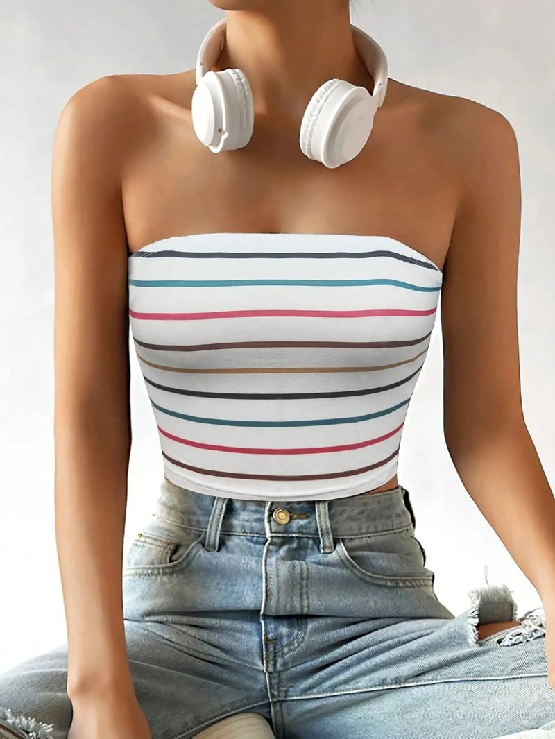 Colorful Stripe Strapless Crop Top