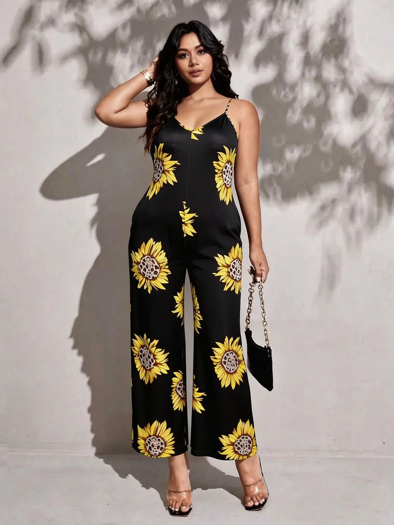 Plus Size Sunflower Print Jumpsuit