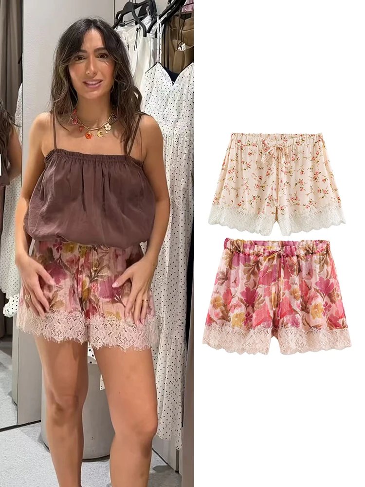 Floral Print Lace-Trim Shorts