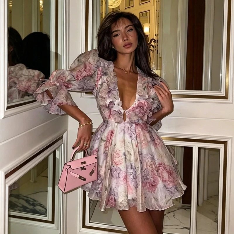 Floral Deep V Mini Dress
