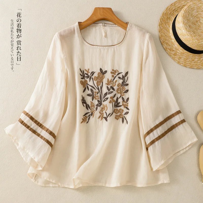 Boho Floral Embroidered Linen Blouse