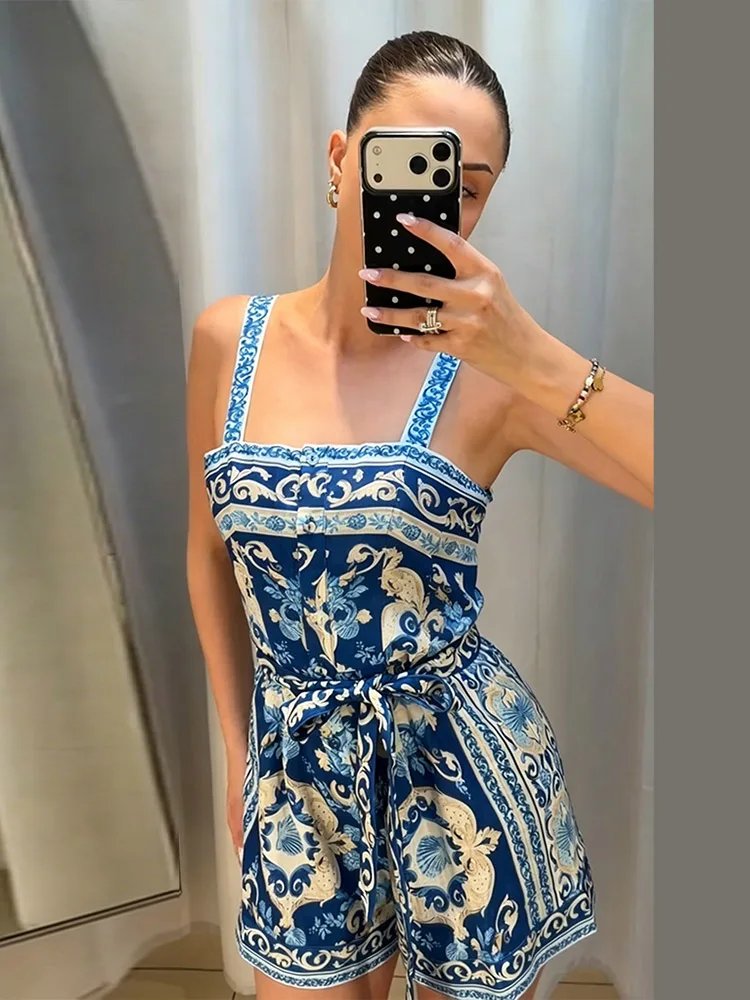 Chic Linen Print Sling Jumpsuit