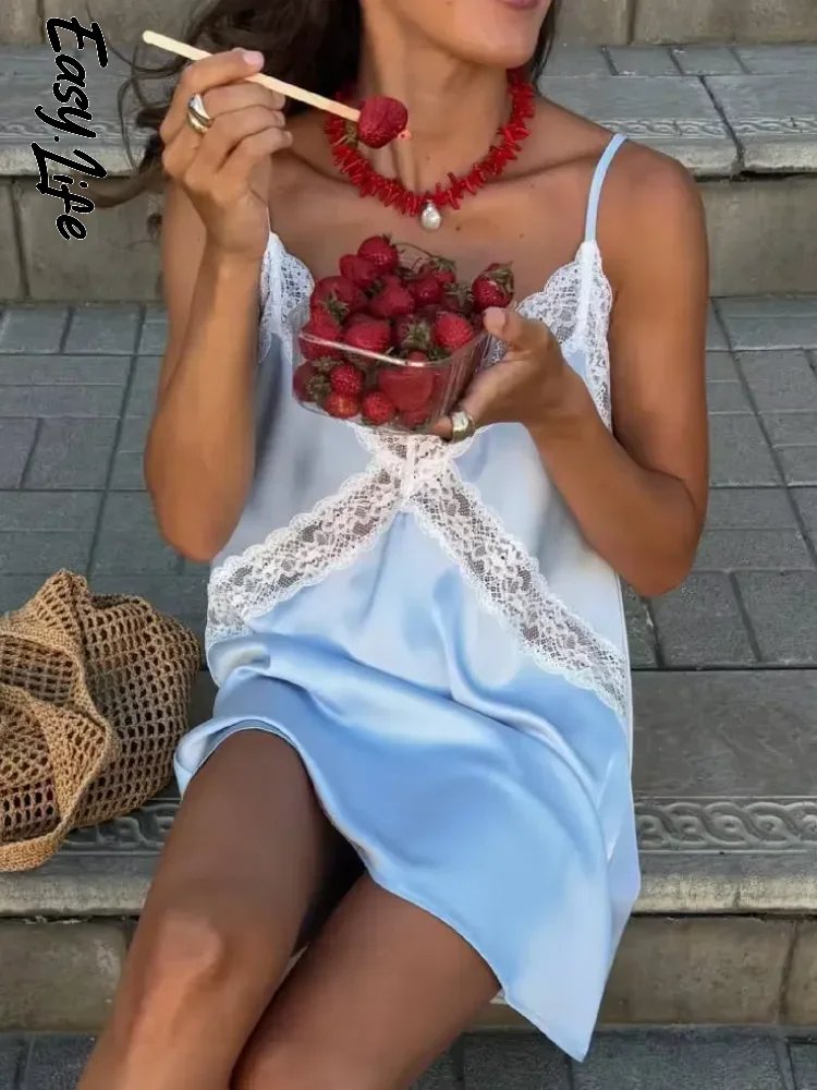 Elegant Blue Satin Lace Mini Dress