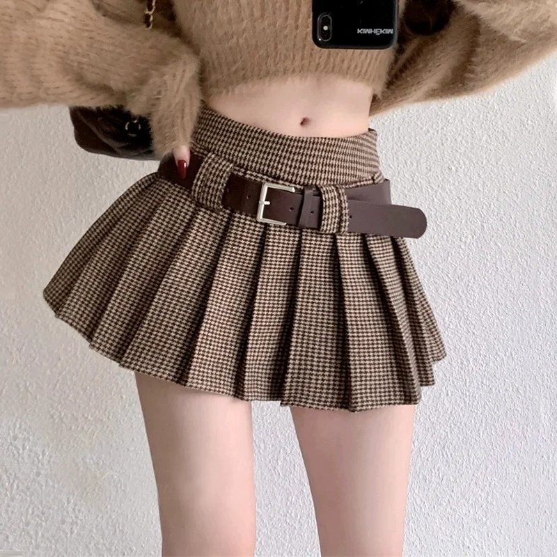 Wool Pleated Mini Skirt with Belt