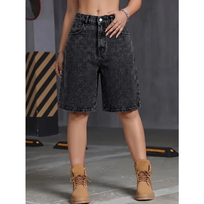 Versatile Black Denim Bermuda Shorts