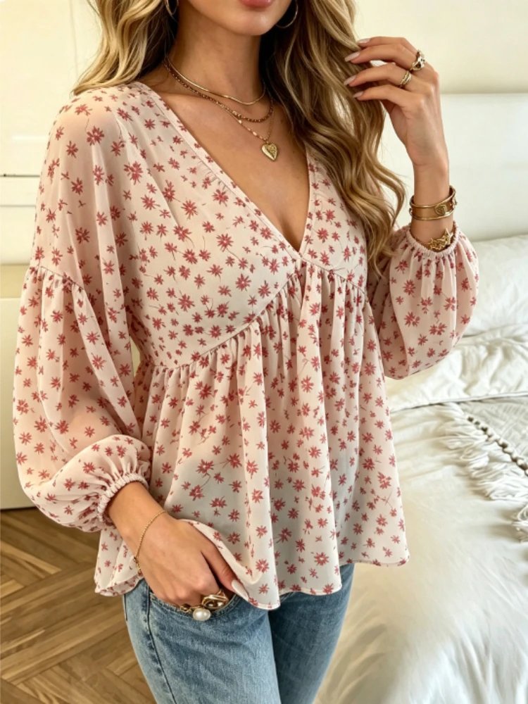 Chic Floral Print Chiffon Blouse