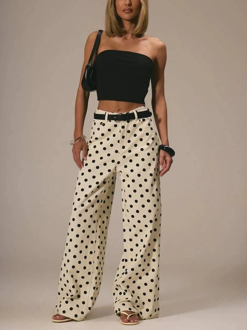 Chic Pink Polka Dot Wide Leg Jeans