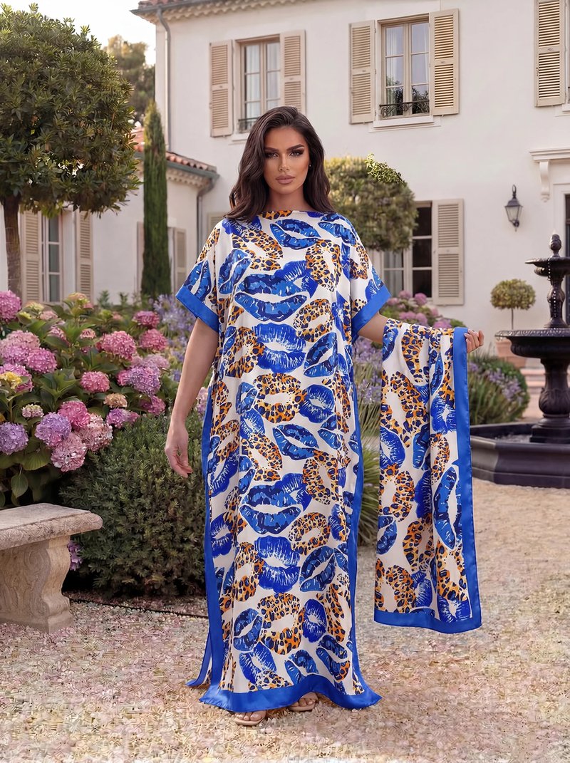 Leopard Print Satin Abaya Scarf Set