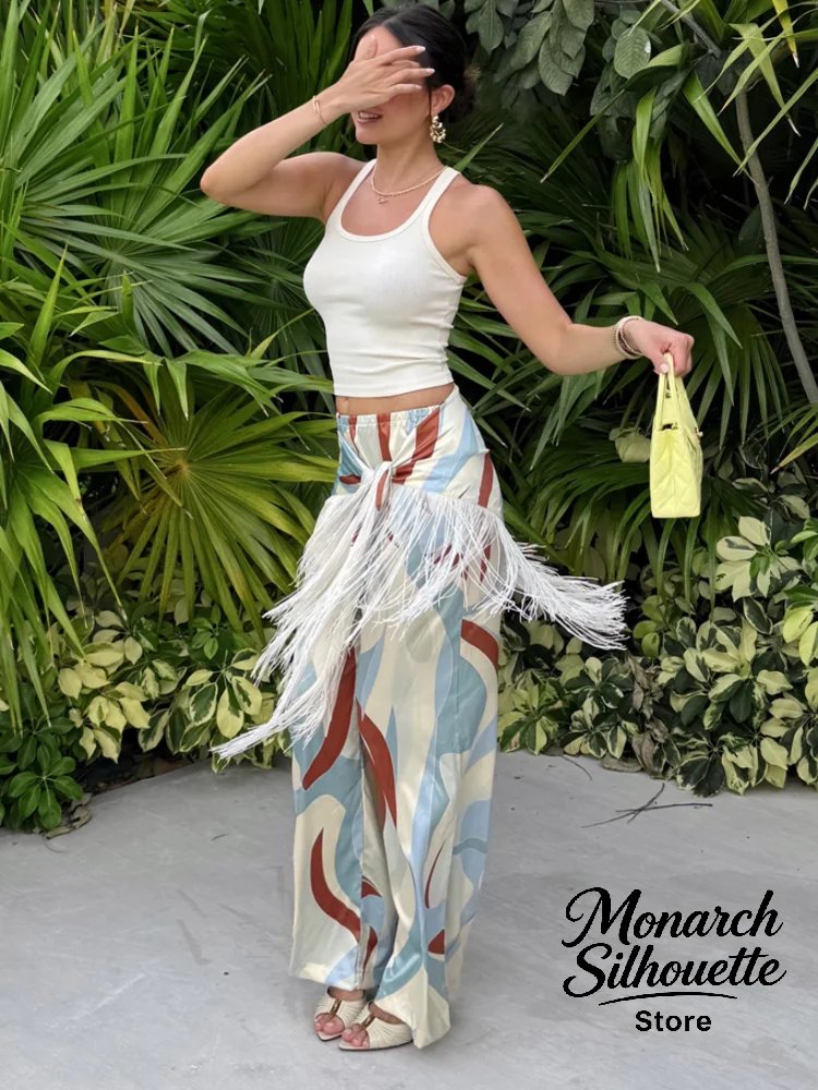 Color Block Scarf & Wide-Leg Pants Set