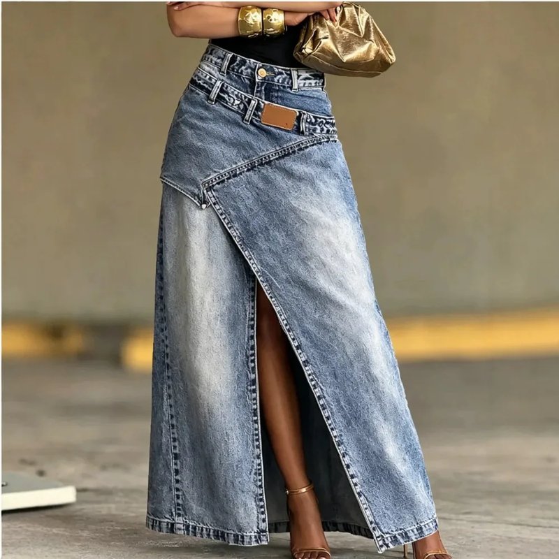 High Waist Asymmetric Denim Maxi Skirt