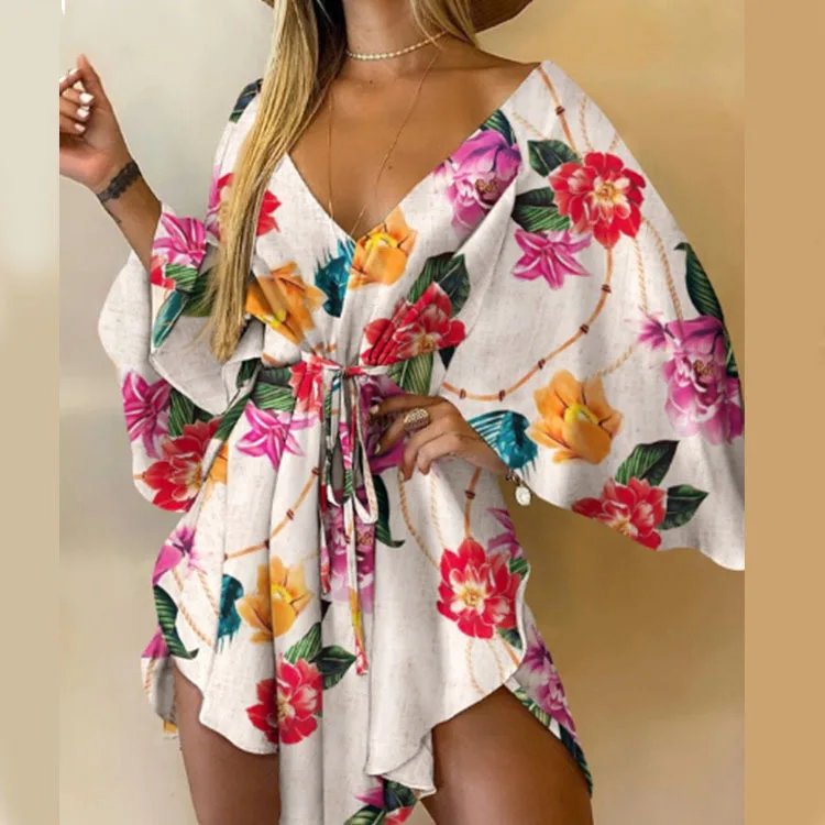 Floral V-Neck Kimono Mini Dress
