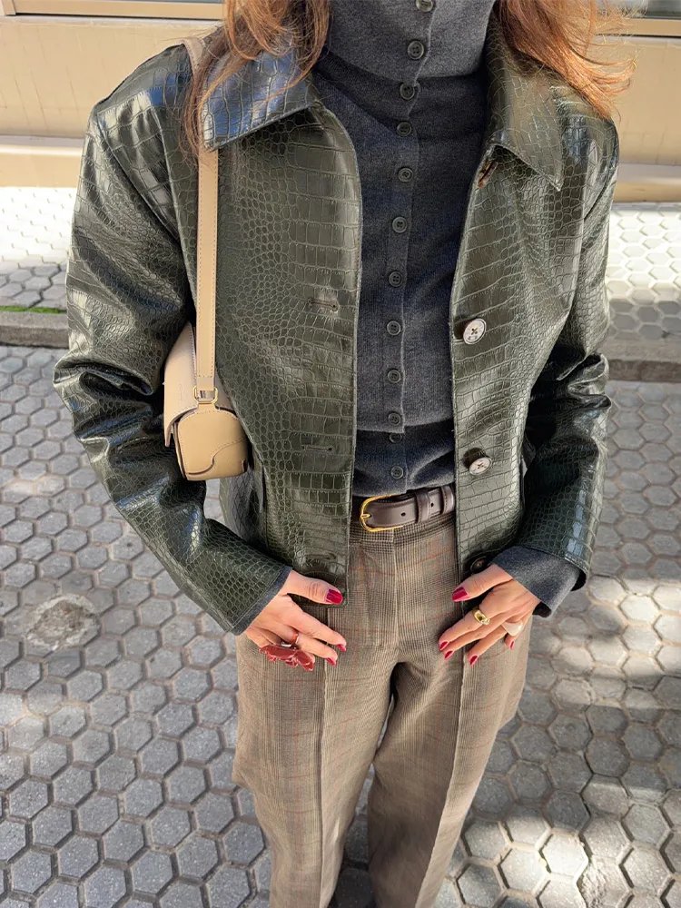 Crocodile Embossed Faux Leather Jacket