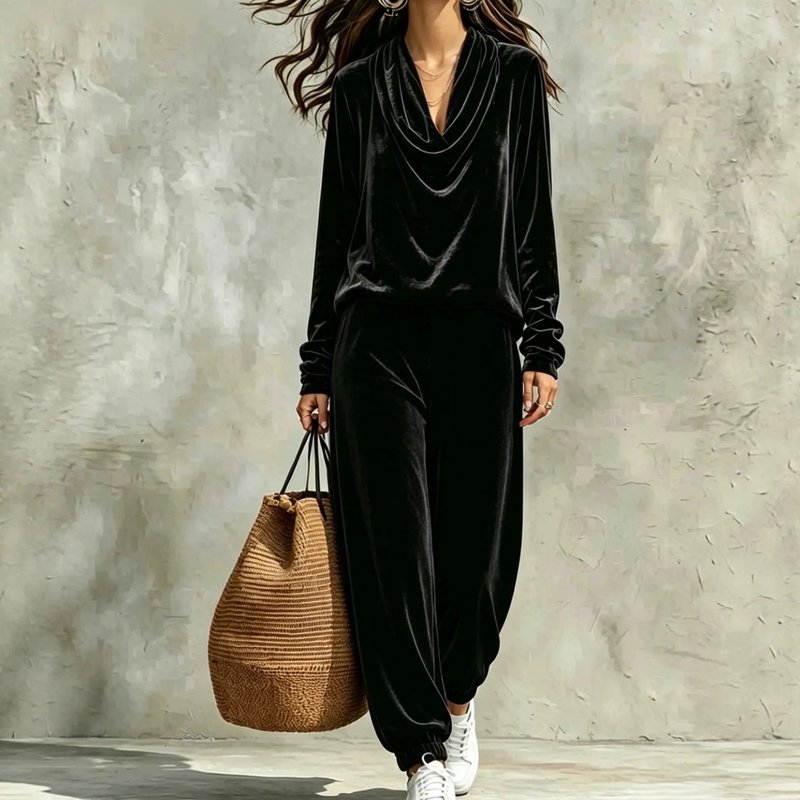 Velvet Cowl Neck Tracksuit Set