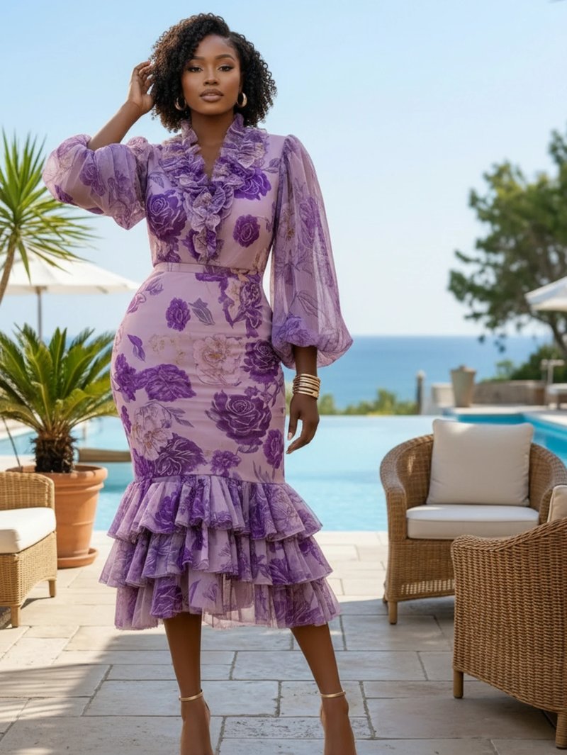 Chic V-Neck Ruffled Midi Dress