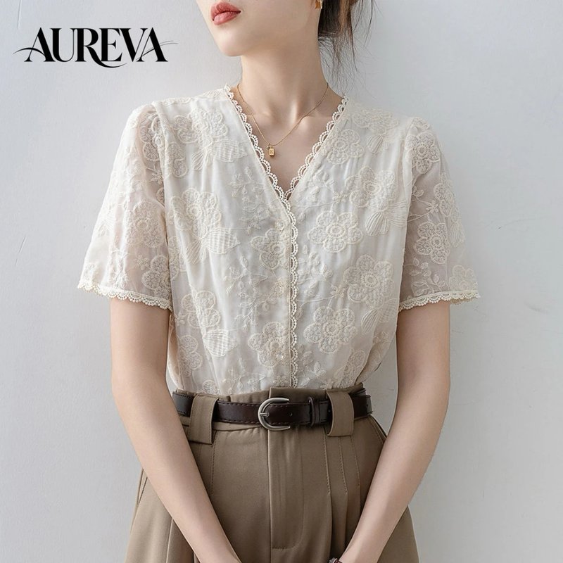 Elegant Lace Trim V-Neck Blouse