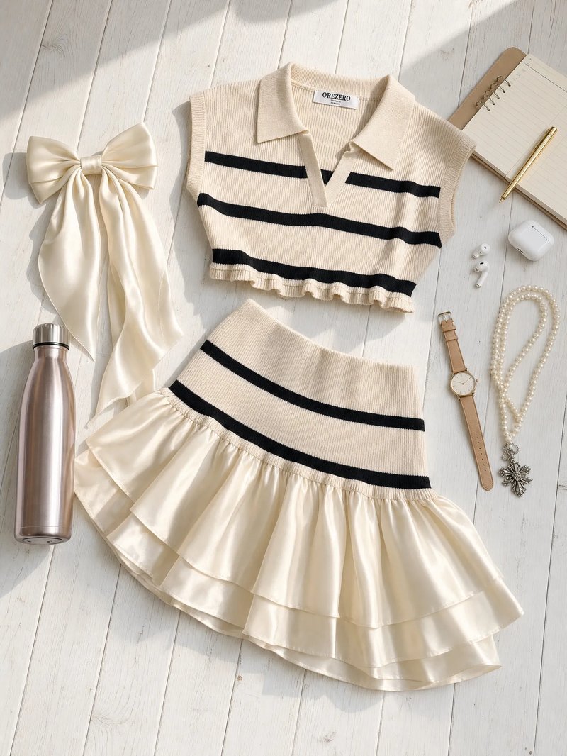 Chic Striped Knit Polo & Skirt Set