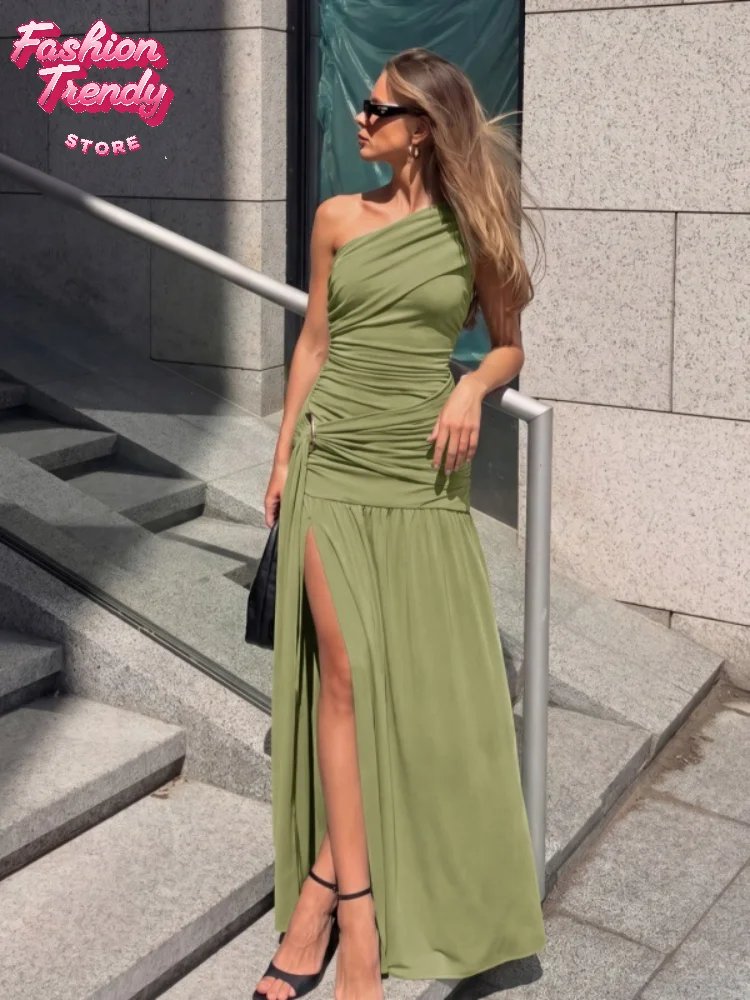 Sage Green One-Shoulder Maxi Dress