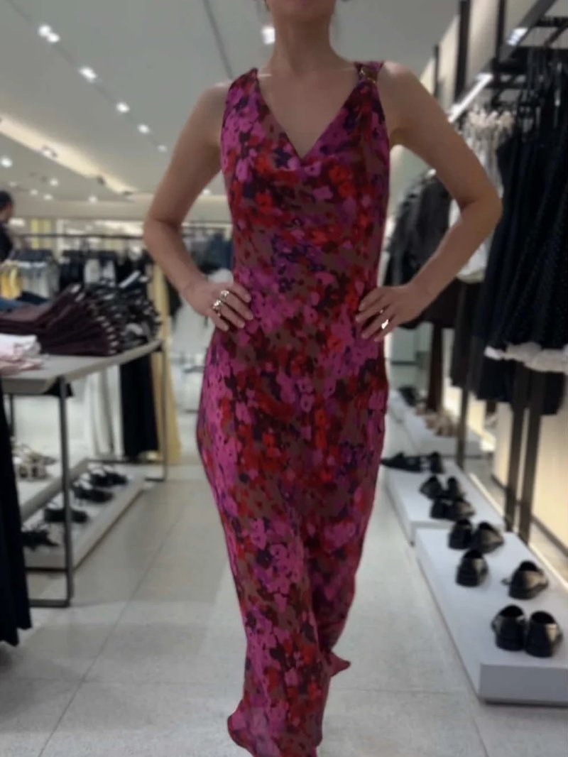 Elegant Red Floral Satin Maxi Dress