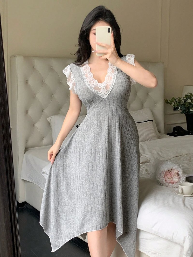 Elegant Lace V-Neck Midi Nightgown