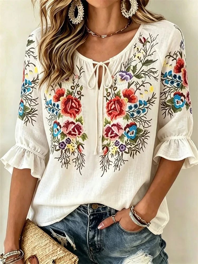 Bohemian Rose Embroidery Blouse