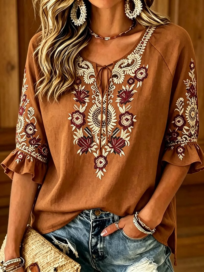 Bohemian Floral Embroidery Blouse