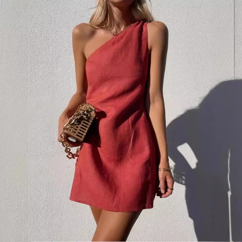 Chic One-Shoulder Linen Mini Dress