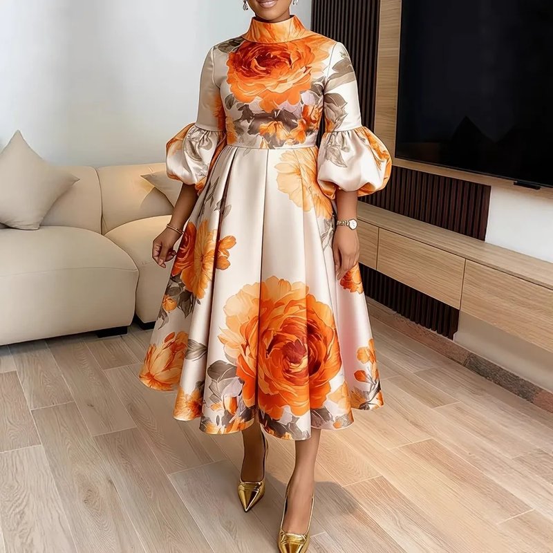 Elegant Floral Satin Midi Dress