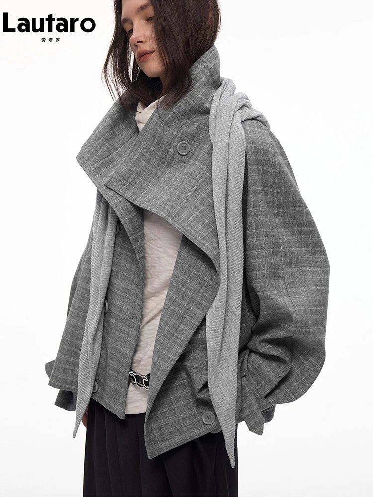 Elegant Oversized Grey Plaid Trench Coat