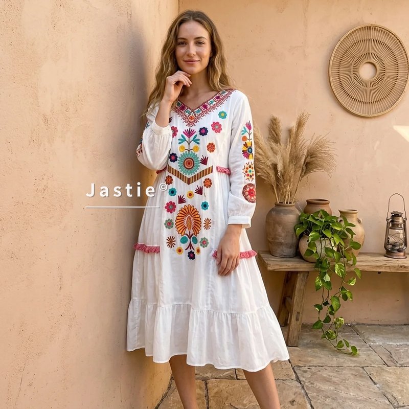Elegant White Boho Midi Dress