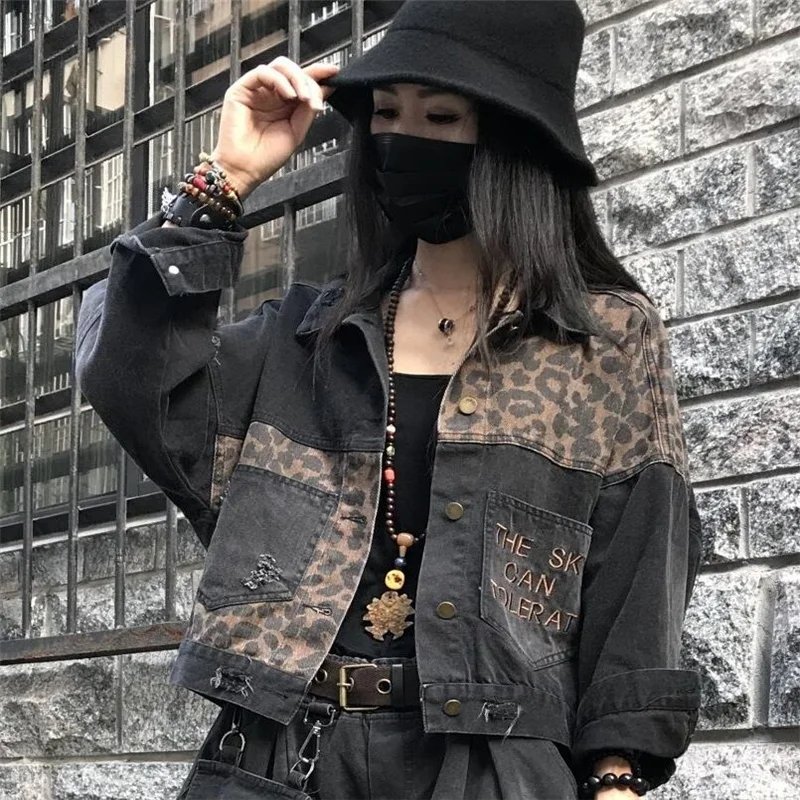 Feminine Embroidered Leopard Denim Jacket