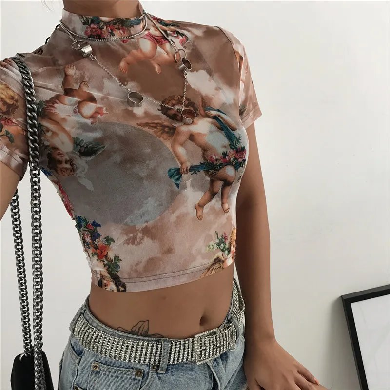 Angel Print Mesh Crop Top