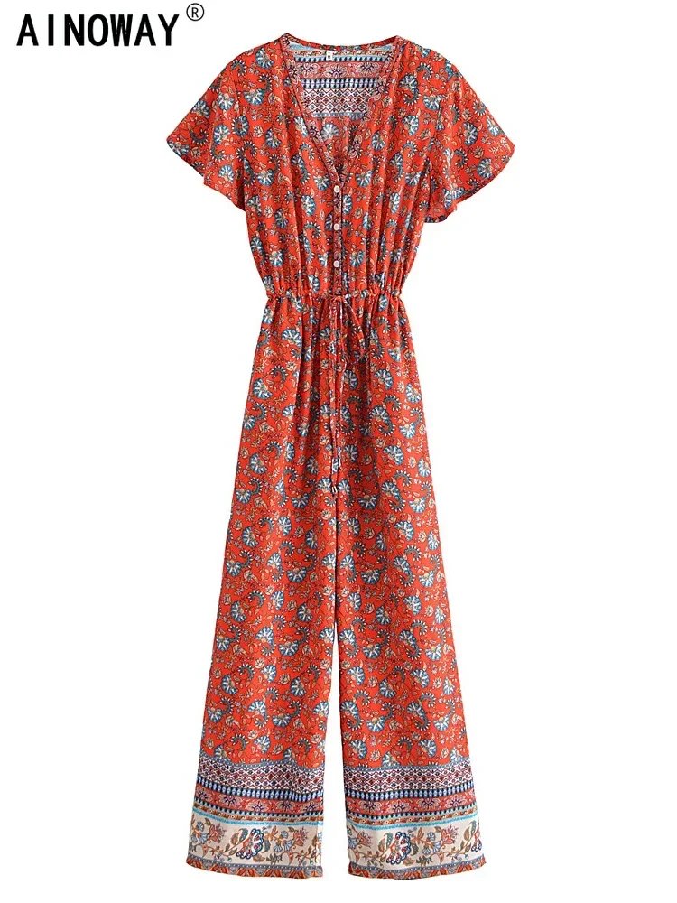 Boho Floral Red Jumpsuit for Women