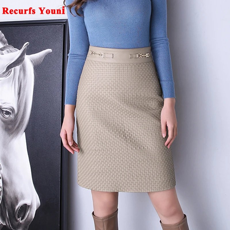 Stylish Hand-Knitted Leather Midi Skirt