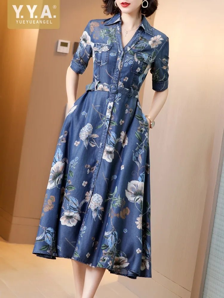 Elegant Floral Denim A-Line Dress