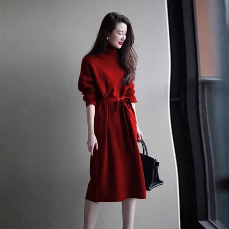 Chic Purple Turtleneck Knit Dress